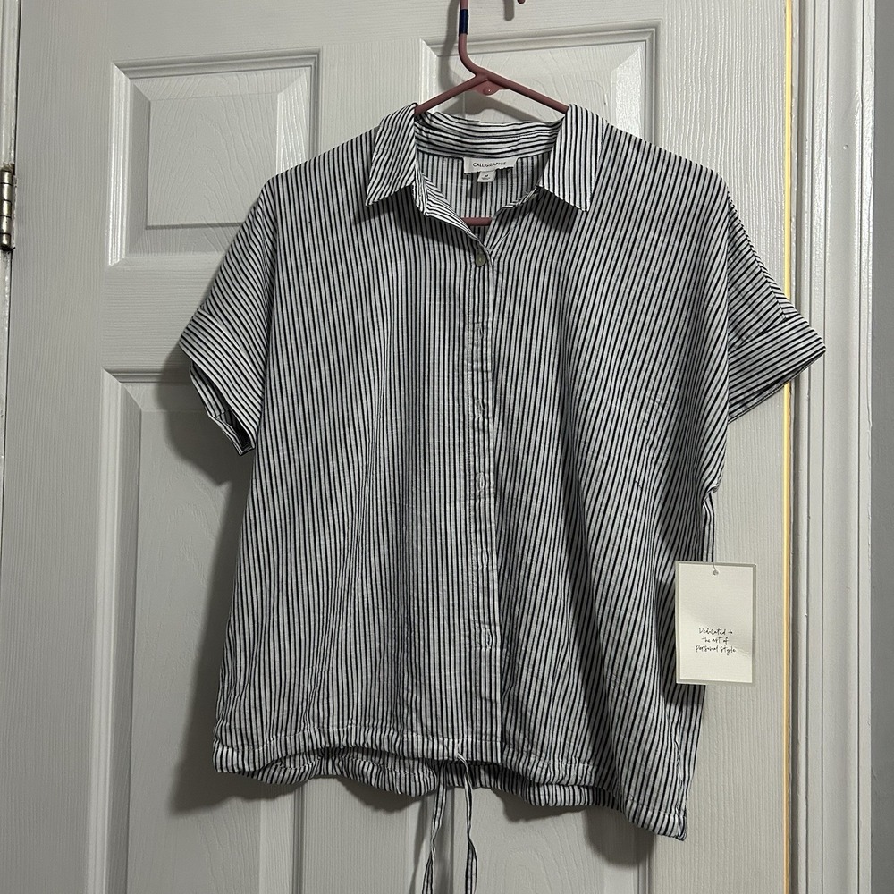 Calligraphie Striped Short Sleeve Drawstring Hem Top - Size Medium (NWT)